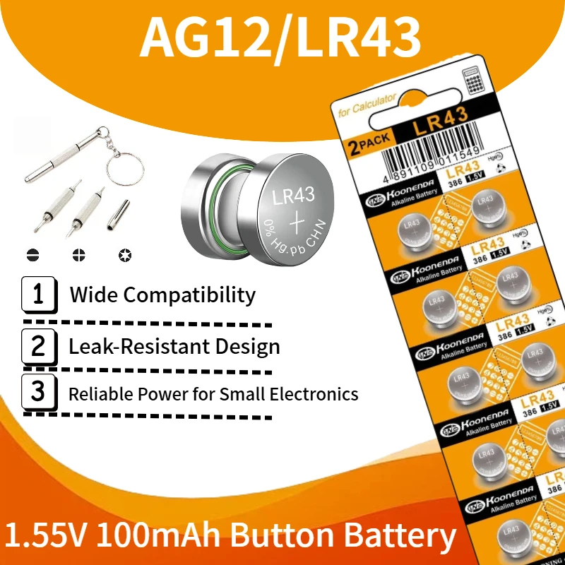 

1.55V 100mAh Alkaline Button Coin Cell Battery - LR43 AG12 L1142F 386 SR721SW for Watches & Small Electronic Devices