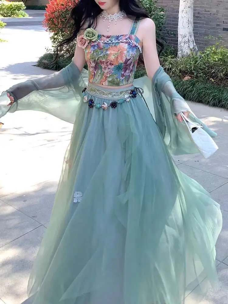 絶妙な気質の高級感ジャカードサスペンダーメッシュスカートカーディガン3点セットスーツ2025新作夏セット