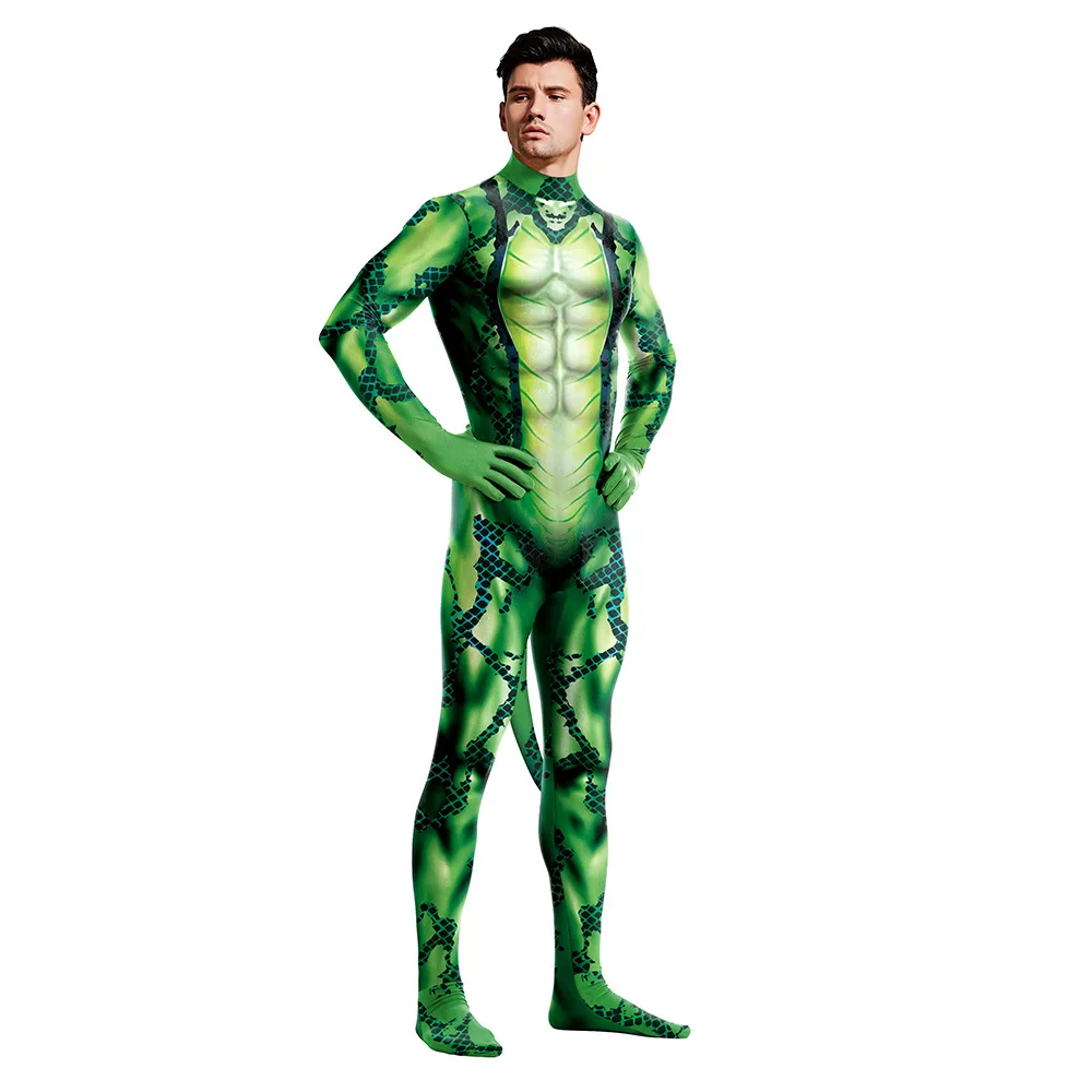 IOOTIANY Adult Cosplay Snake 3D Print Long Sleeve Tight Zentai Zipper with Tail Sexy Slim Costume Spandex Bodysuit Muscle Suit