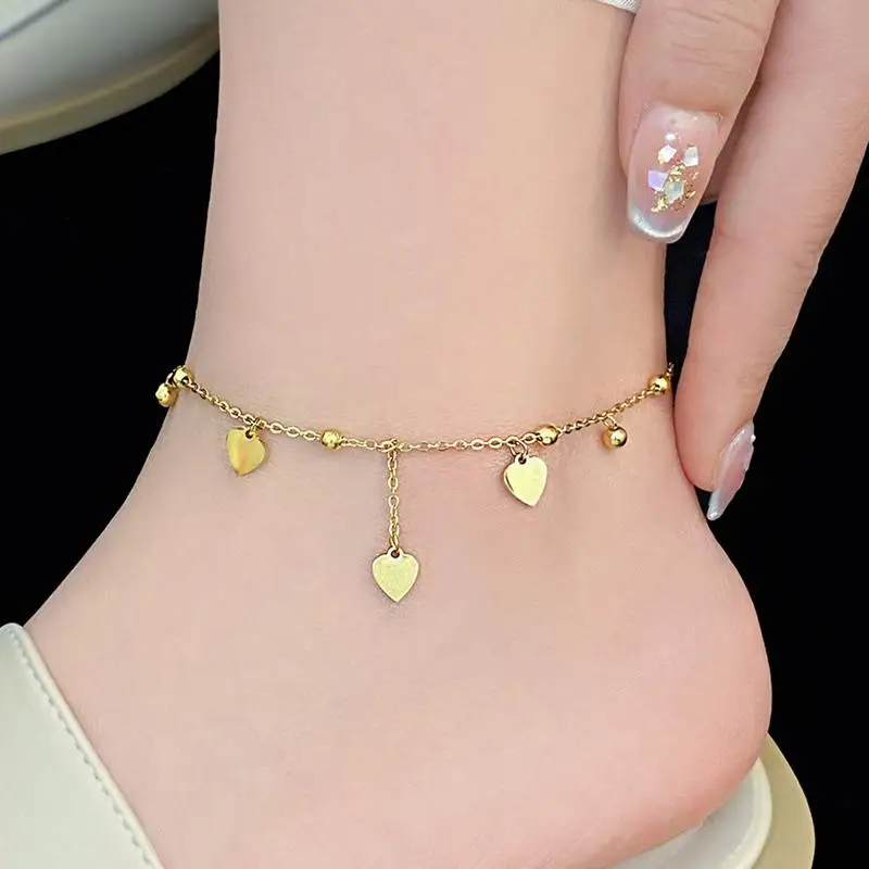 Cute Romance Gold Color Stainless Steel Lucky Heart Long Pendant Anklets for Women New Sexy Charm Summer Beach Foot Jewelry Gift