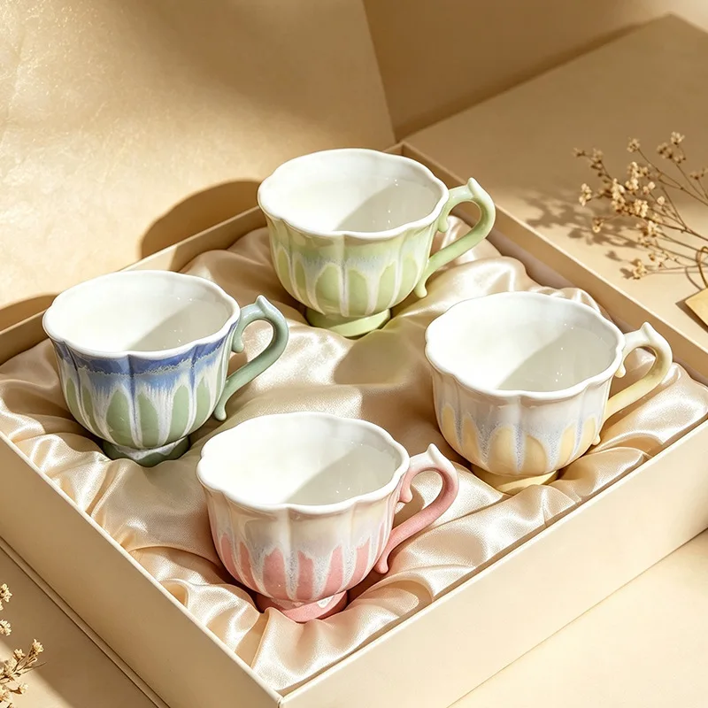 220ML Ceramic Kiln-fired Coffee Cup Vintage Petal Breakfast Beverage Mug Exquisite Office Restaurant Latte Art Cup Birthday Gift