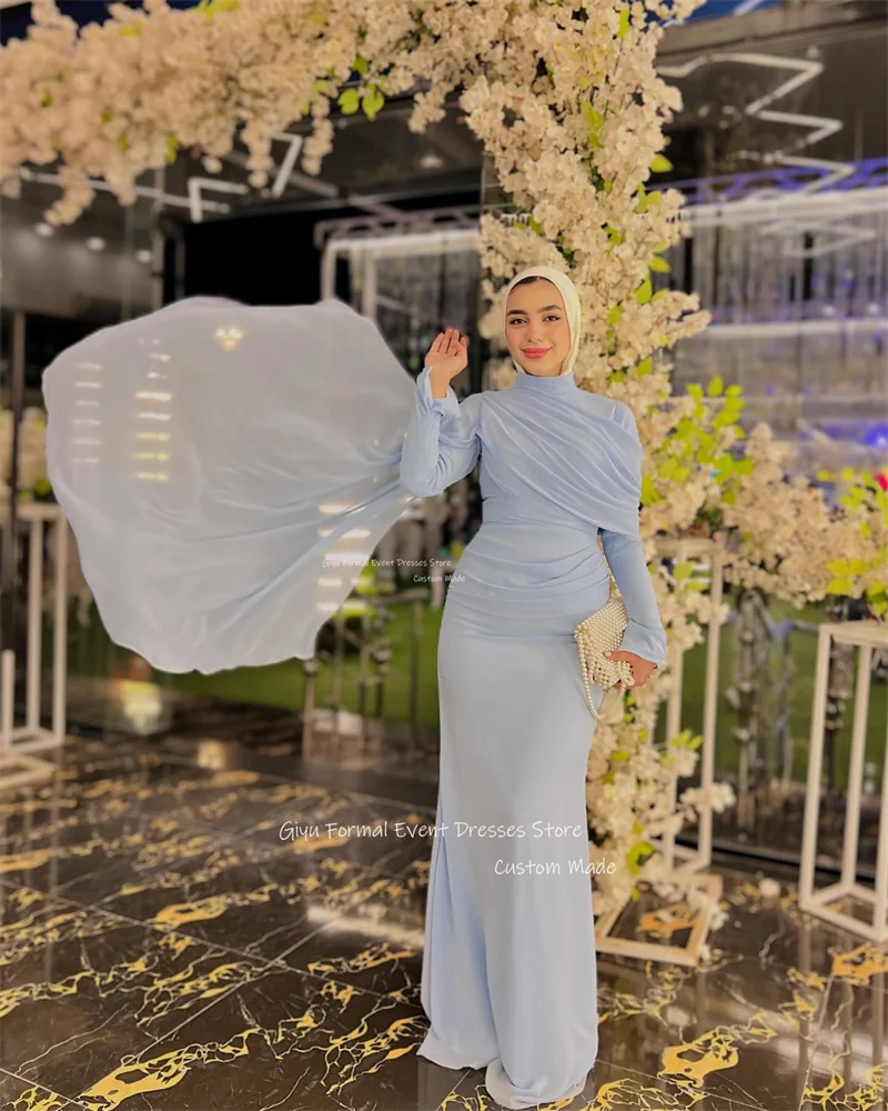 Giyu Elegant Light Blue Chiffon Evening Dresses Long Sleeves High Neck Prom Gowns Formal Occasion Dress Muslim Arabic Customized