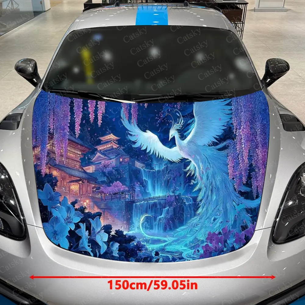 Azure Phoenix Perching in Wisteria Secret Realm Car Vinyl Wrap, PVC Material Waterproof Car Hood Sticker, Self-Adhesive Scratch-