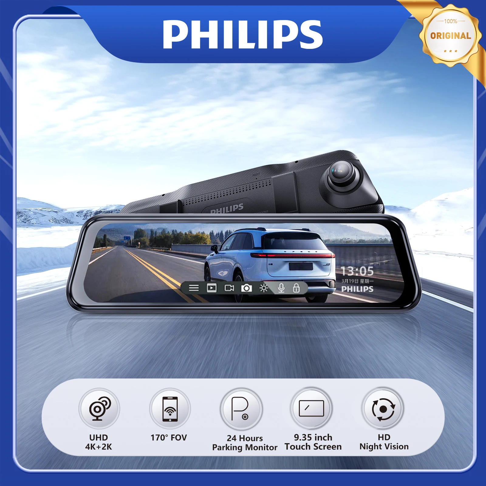 Philipps 4k espelho traço cam espelho retrovisor câmera inteligente condução assistência de estacionamento visão frontal e traseira câmera dupla visão noturna