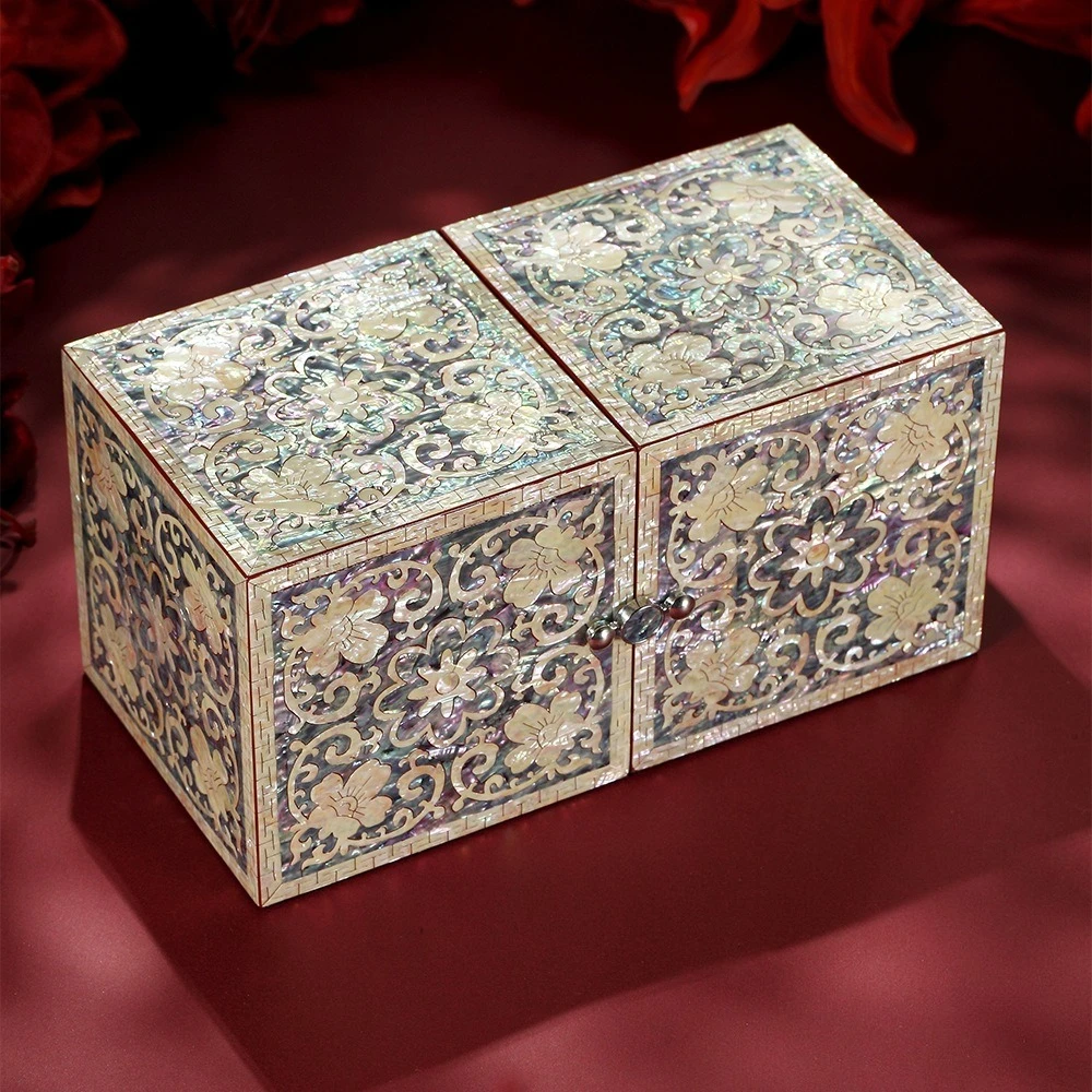 Mother-of-Pearl Inlay Lacquer Jewelry Box, Double Door Storage, Chinese Style Wedding Gift
