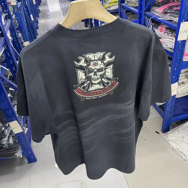 West Coast Choppers T-Shirt High Street Washed Retro Tops Mechanical Skull Print WEST COAST Short Sleeve