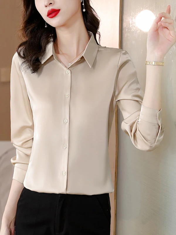 ร้านเสื้อผ้าผู้หญิง Ele Silk รุ่นพิเศษ S สำหรับฤดูใบไม้ผลิและฤดูใบไม้ร่วง แบรนด์ Bule แฟชั่นลำลอง สีพื้น ปกเสื้อ