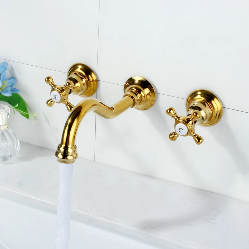 3 Hole Widespread Bathroom Sink Faucet Wall Mounted 8 Inch Basin Sink Faucet Two Handle Hot and Cold Mixer Tap Gold