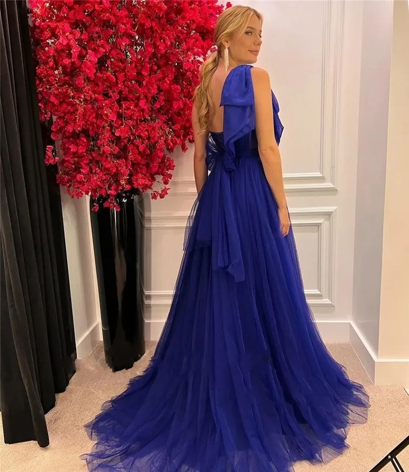 Sexy A Line Royal Blue Tulle abiti da sera lunghi arabo una spalla fiocco spacco laterale donne Prom abiti da festa Robe De Soiree