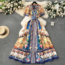 Summer Vintage Notched Collar Runway Linen Dress Women Short Sleeve Single Breasted Floral Print Belt A-Line Maxi Vestidos 6355