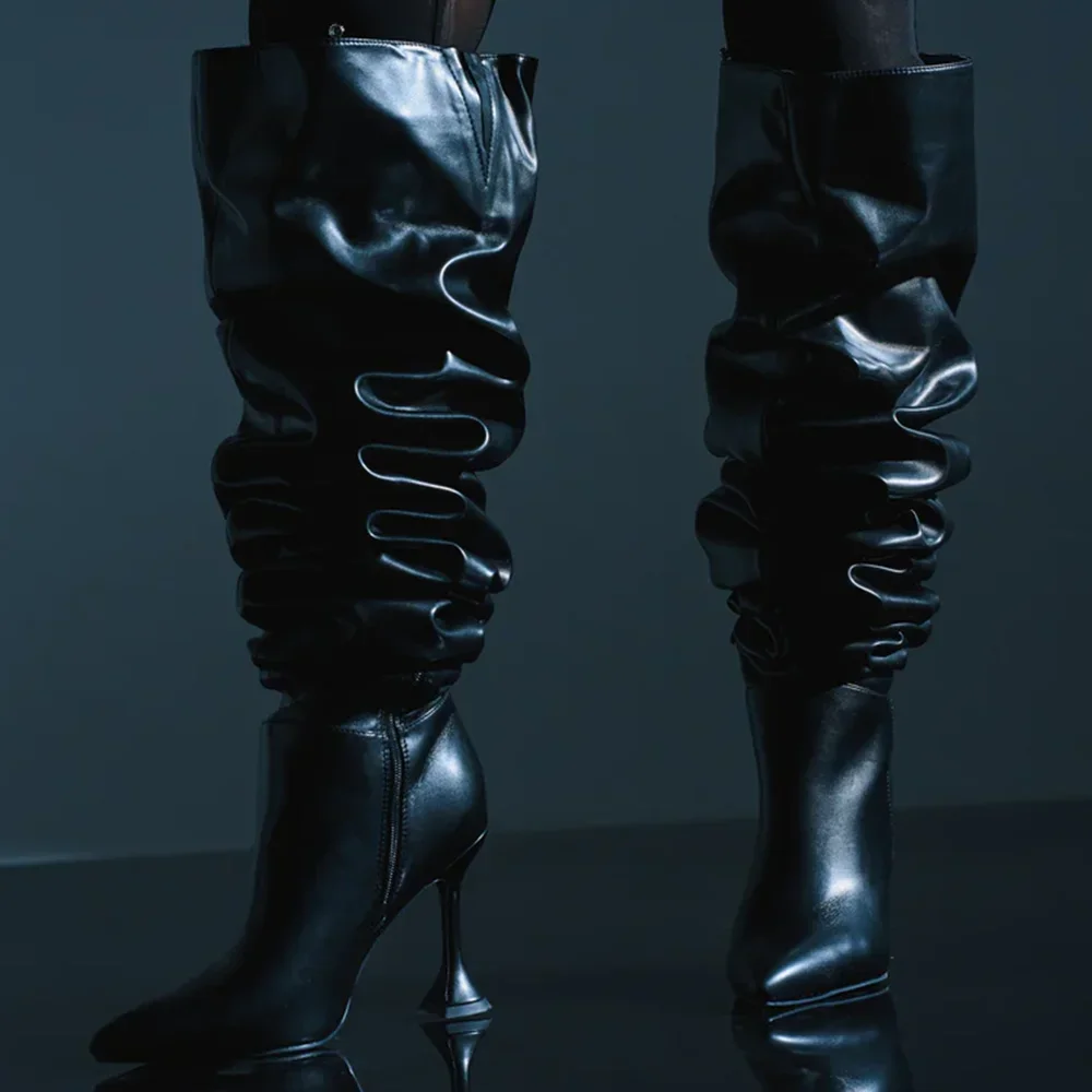 

Wine Glass Heel Leather Shouchy Pleated Boots Sexy Pointed Toe Zipper Solid New Arrivals Fashion Women Modern Boots
