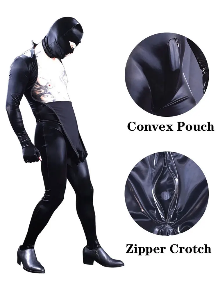 Sexy Men U Convex Pouch Full Body Cover Bodysuit PU Faux Latex Shiny Elastic Lingerie Tight Catsuit Stage Costume Jumpsuit Hollo