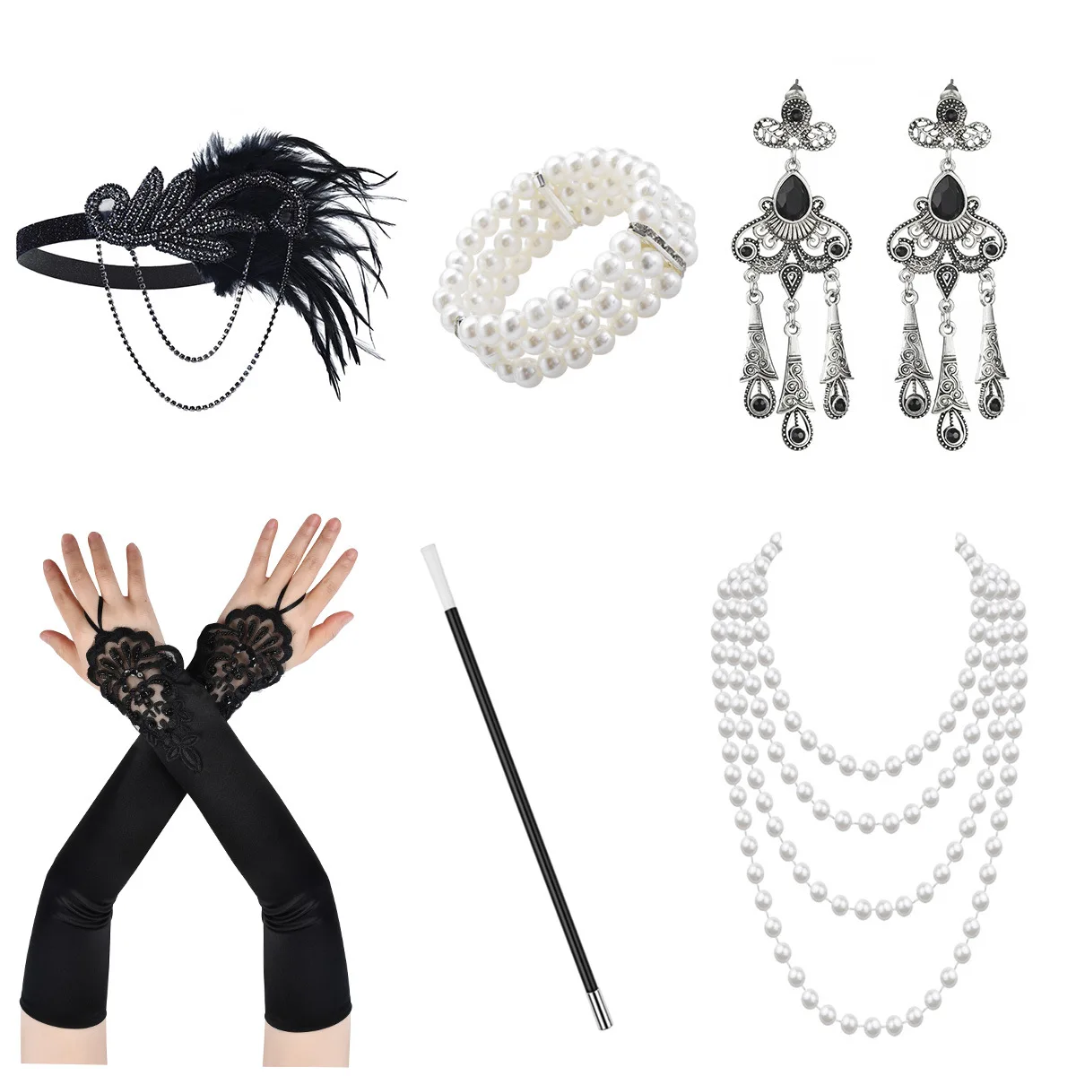 1920 Gatsby Makeup Ball Party Halloween Set Headband Gloves Smoke Rod Earrings Bracelet Necklace Combination