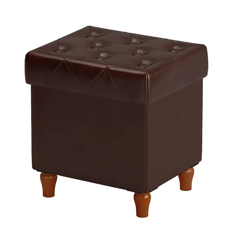 

Folding Storage Ottoman Cube PU Leather Footstool with Wood Legs Ottoman Footrest for Living Room and Bedroom Brown, 15x12.6 x