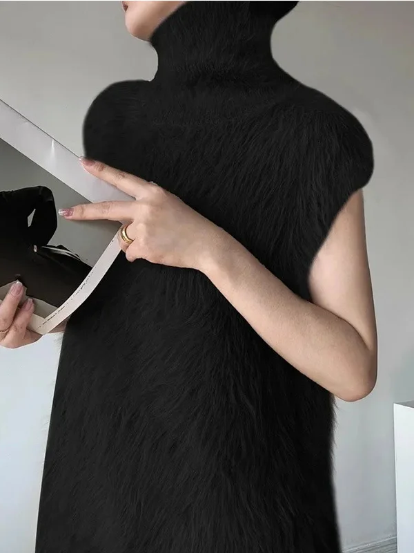 

Women Chic Solid High Collar Mink Fur Vest Fashion Sleeveless Turtleneck Loose Furry Warm Vests Lady Winter Daily Commute Wear