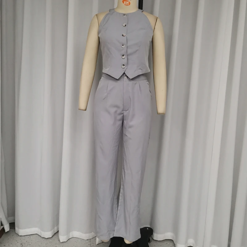 Wefads-Ensemble deux pièces pour femme, décontracté, simple, col rond, simple boutonnage, bouton, haut en fibre avec poches, pantalon, été