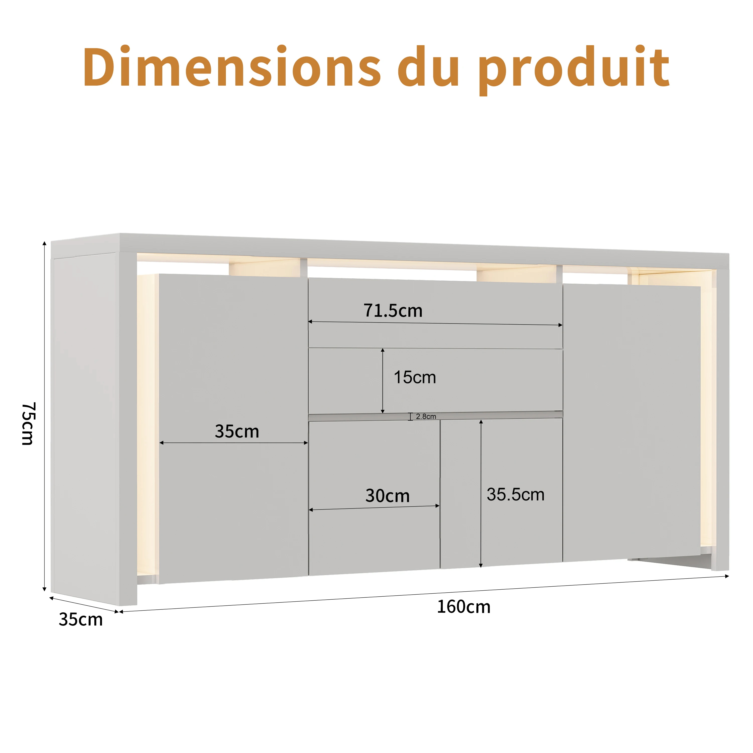 Rosahqnda Sideboard Hochglanzweiß mit LED, modernes Sideboard mit Tür und Schubladen, Buffetschrank, Kommode für die Küche – Detail 1