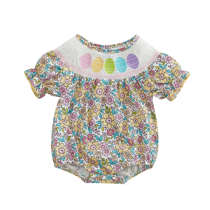 FOCUSNORM 0-18M Lovely Baby Girls Easter Romper Short Sleeve Floral Print Rabbit Embroidery Smocked Bodysuit Newborn Outfit