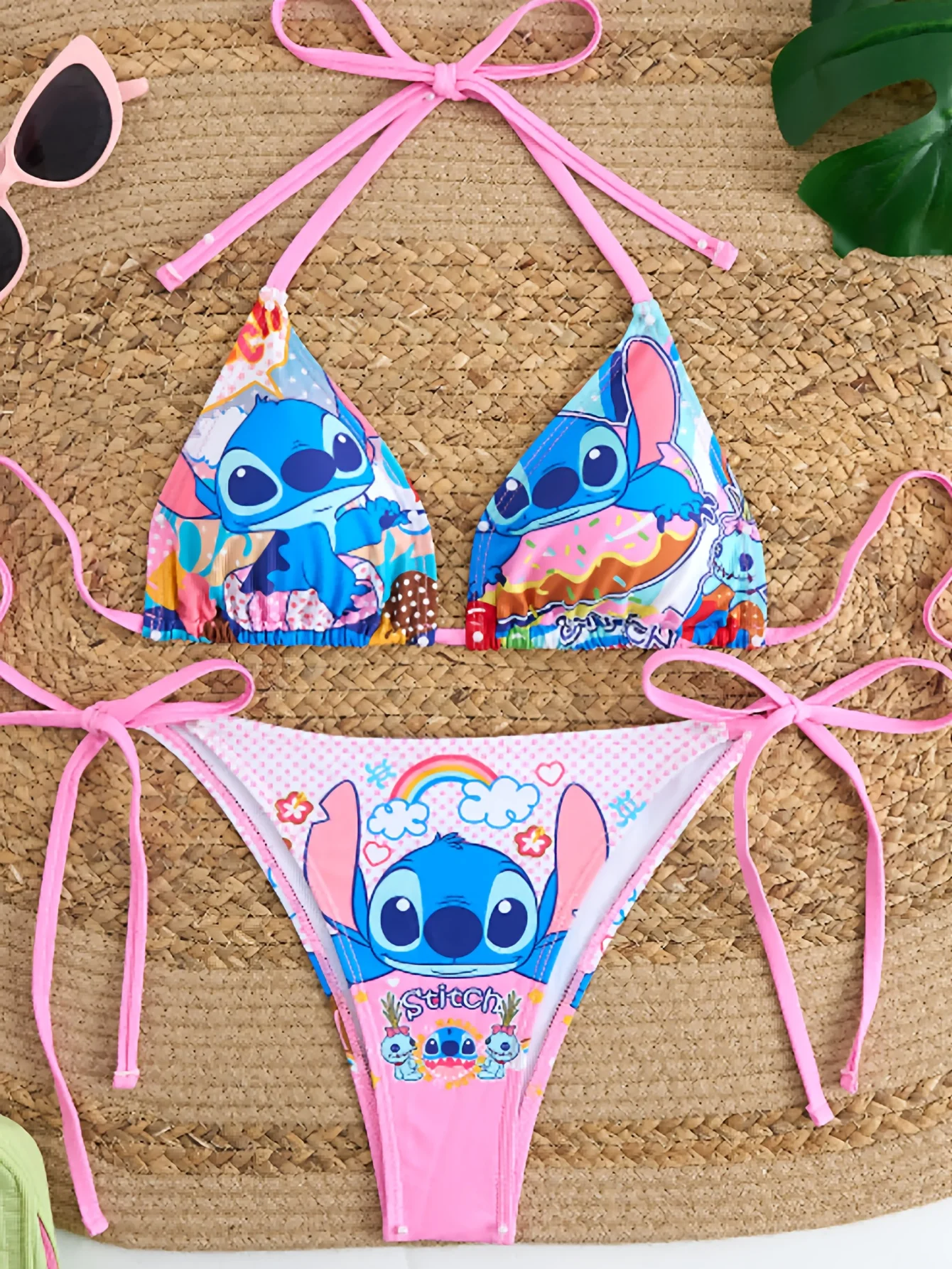 

Милый комплект бикини с принтом Стич, женский розовый раздельный купальник с регулируемыми завязками, летний пляжный купальник с мультяшным рисунком