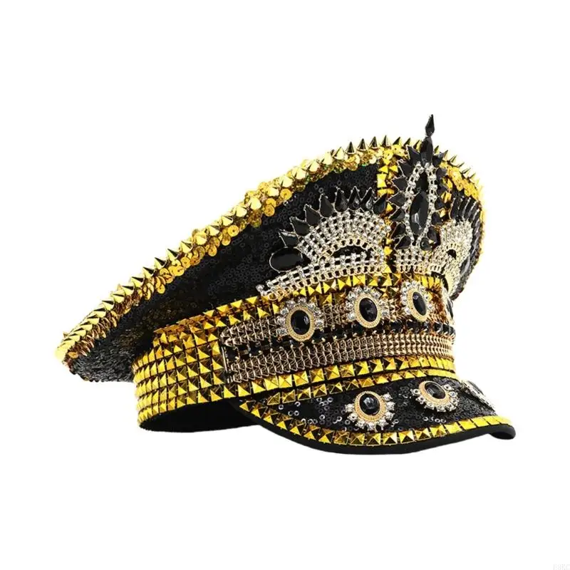 

F3KC Молодежная шляпа капитана Сверкающая морская шляпа с цилиндром с заклепками и шипами для клубной одежды