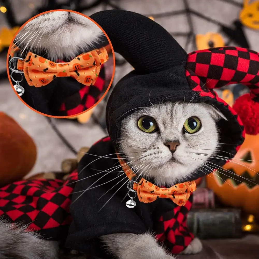 

With Bell Halloween Cat Collar Adjustable Bowknot Pumpkin Puppy Necklace with Bell Removable Cotton Polyester Cat Bow Tie