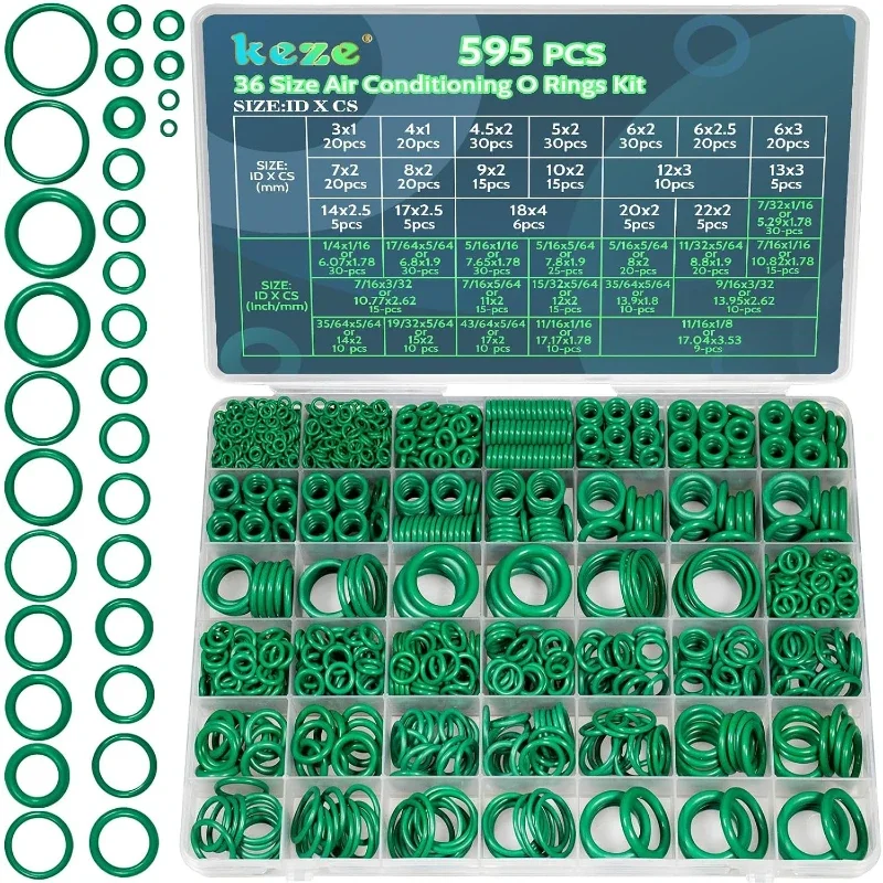 595 Pcs 36 Size Air Conditioning O Ring Kit and 1380 Pcs 32 Size Rubber O-Ring for Compressor Automotive A/C Plumbing Repair