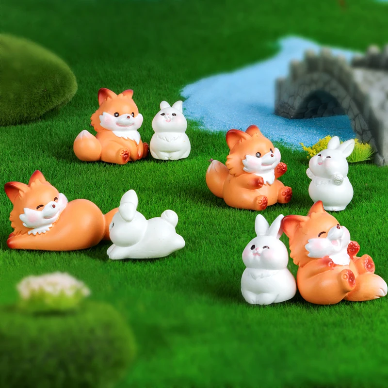 1pc Mini Cute Fox Rabbit Small Ornament Cartoon Bunny Micro Landscape Decoration Model Crafts Car Interior Accessories Gifts