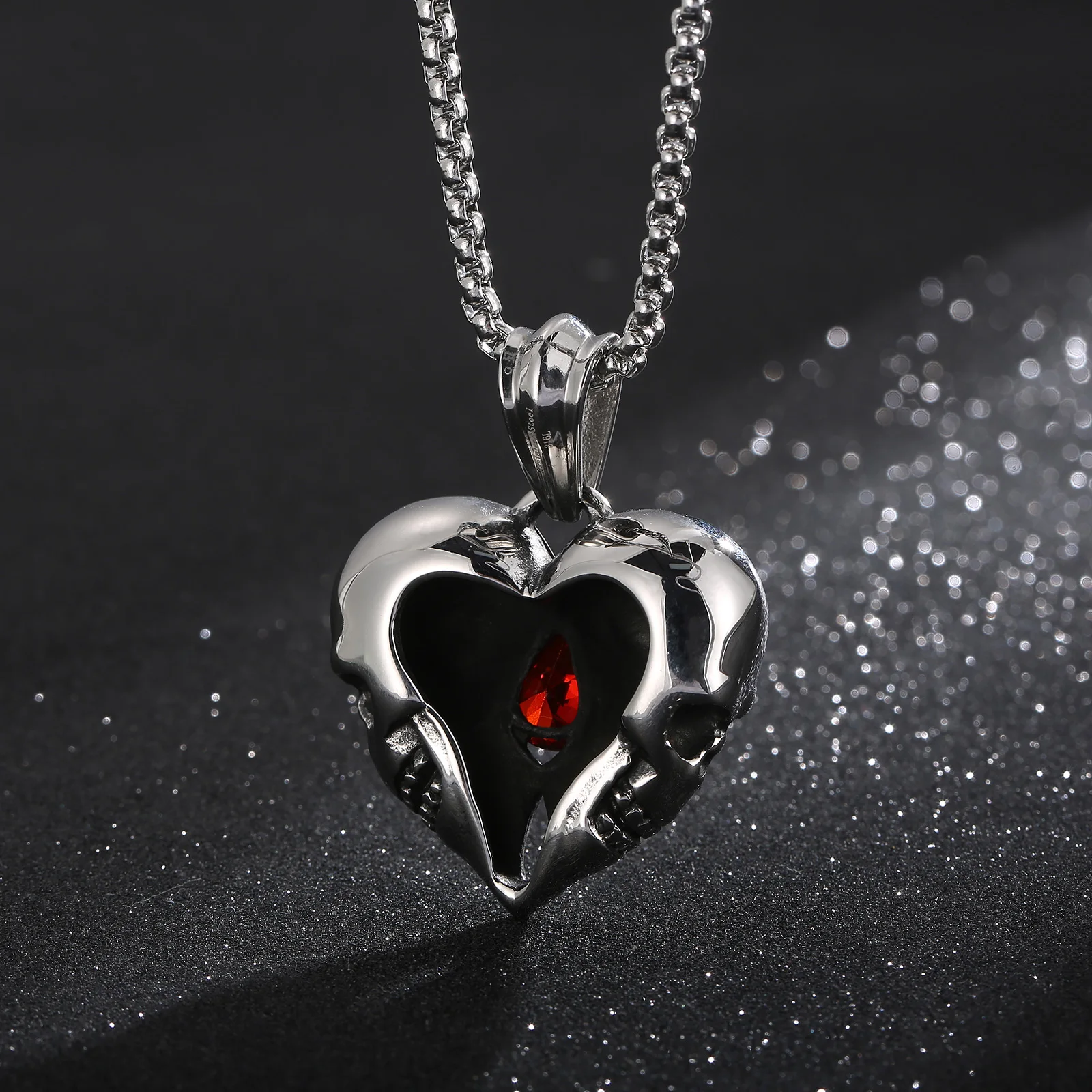 Stainless Steel Love Heart Skull With Red Gemstone Pendant Necklace