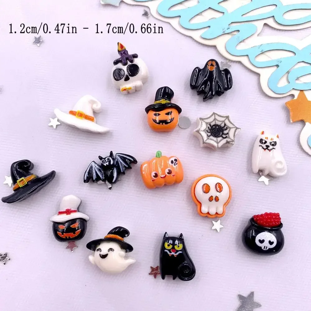 30pcs Resin Mini Colorful Painted Bat Pumpkin Skull Ghost Cat Figurines Flat back Scrapbook DIY Halloween Decor  Nail Art Crafts