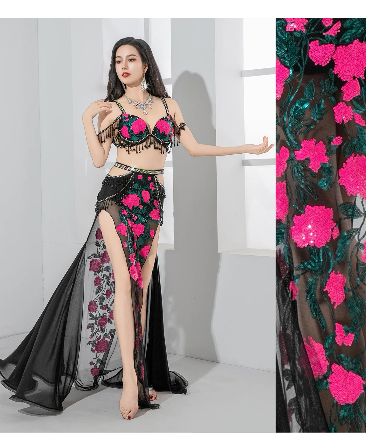 Zestaw Kostiumów do Tańca Brzucha Egipskiego dla Kobiet, Strój do Tańca Orientalnego, Haftowany Strój Grupowy, Kwiatowy Biustonosz i Spódnica, Kostium na GALA