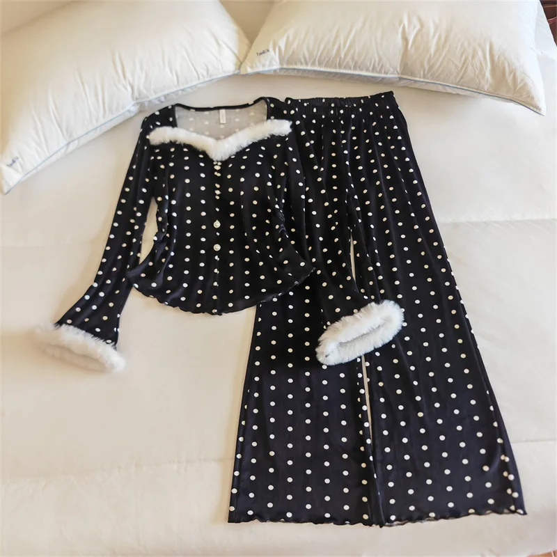 

Female 2pcs Pajamas Set Homewear Sweet Polka Dot Princess Style Sleepwear Suits Island Velvet Trouser Pyjamas Suit Loungewear