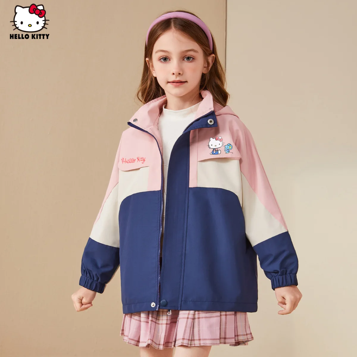 

Весенне-осенняя спортивная куртка Hello Kitt для девочек, новый стиль, модная, с цветными блоками, средняя и большая для девочек