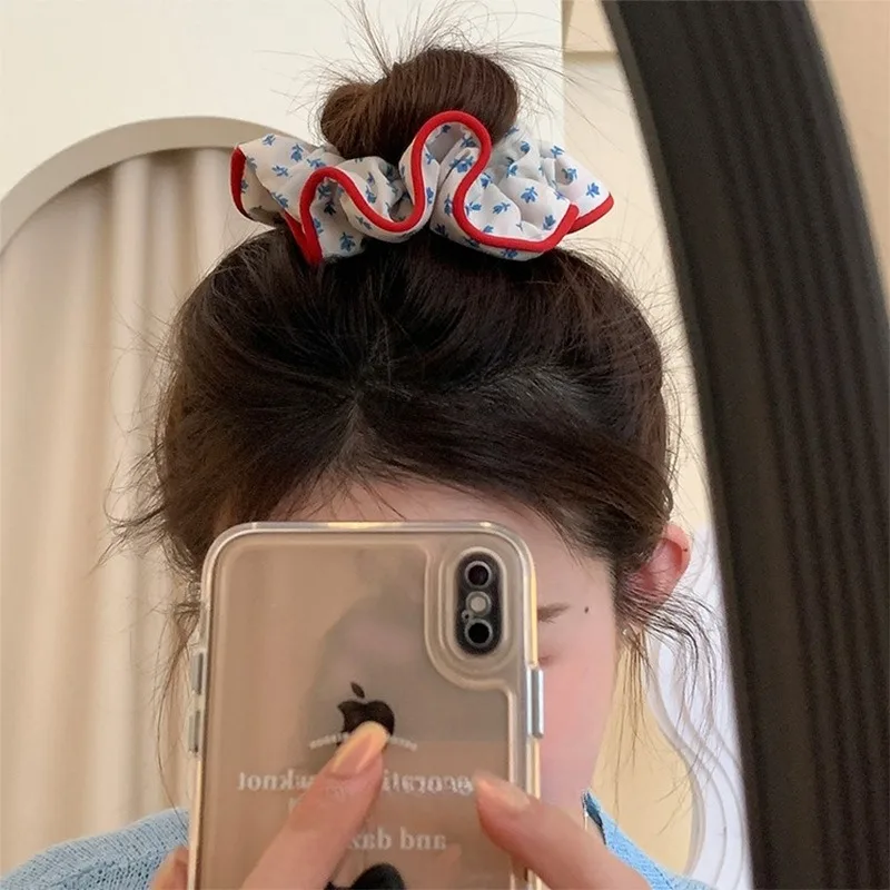 Korean Fashion Floral Plaid Scrunchie Women Girls Flower Elastic Hair Rubber Bands Accessories Tie Hair Rope Headdress Headwear