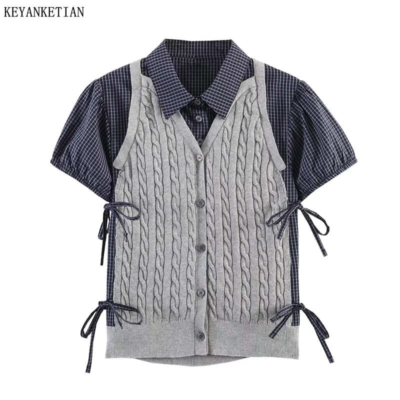 

KEYANKETIAN 2026 New Preppy Women Fake Two-Piece Knit Vest Patchwork Plaid Shirt V Neck Short Sleeve Blouse Drawstring Sides Top