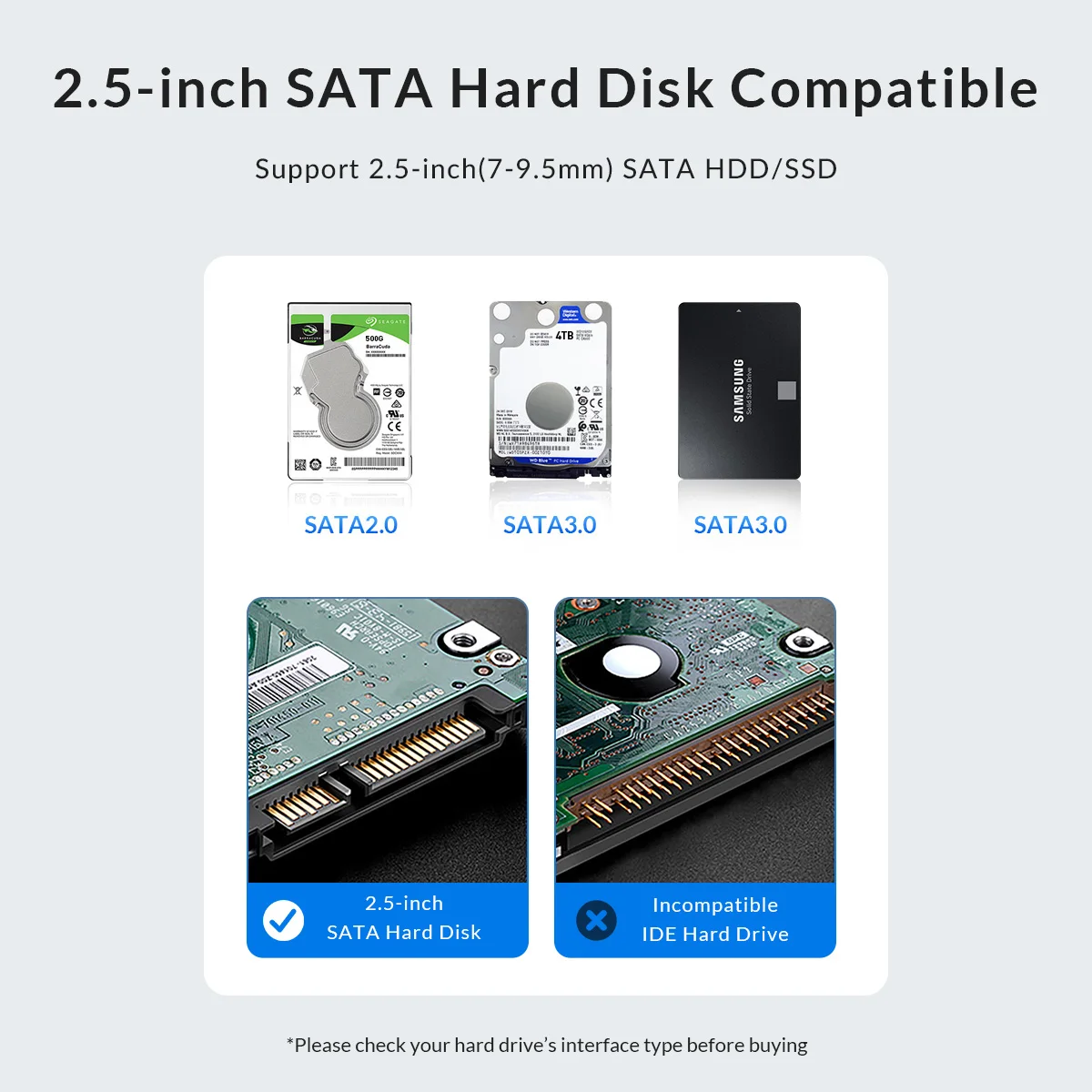 ORICO 2,5'' Festplattengehäuse Werkzeuglos 5Gbps USB zu SATA Externes Festplattengehäuse für 2,5 Zoll 7mm 9,5mm SSD HDD Max 6TB – Detail 9