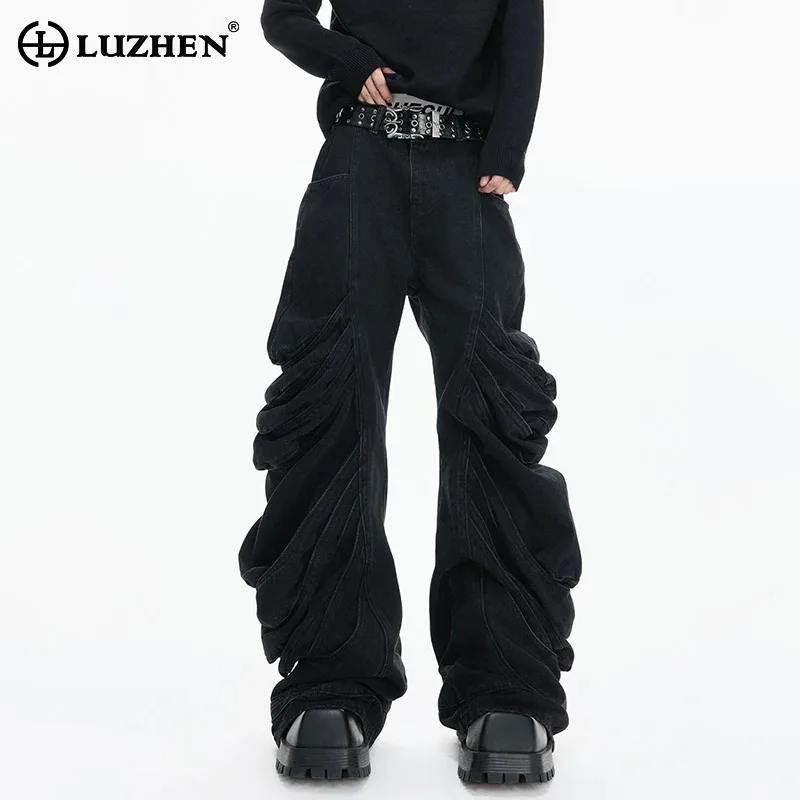 

LUZHEN 2026 Новые мужские повседневные брюки прямого кроя с плиссировкой, однотонные, в уличном стиле, широкие штанины, модель JY6082