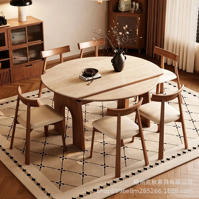 Travertine stone solid wood folding dining table chairs can be extended, turning into round tables, small apartments, and home d