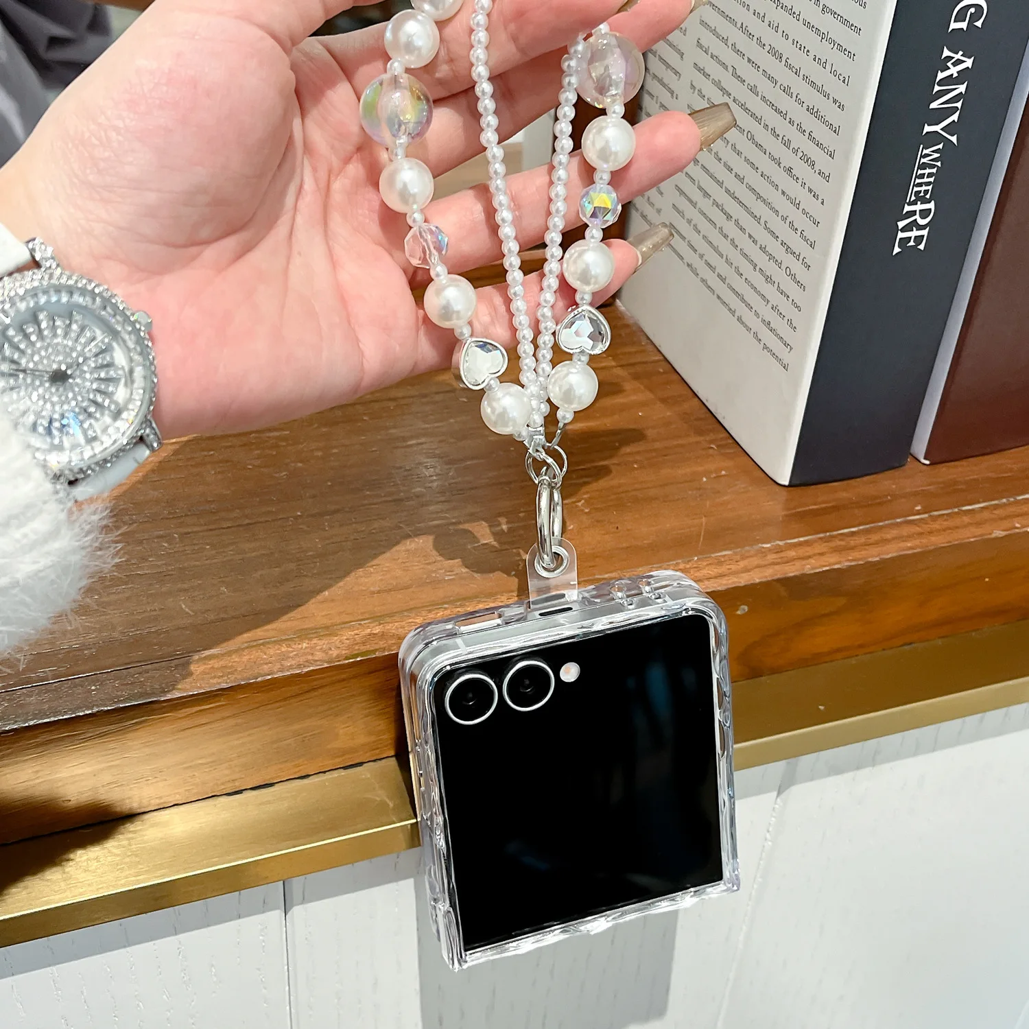 Z Flip6 ケース 透明 花柄 パールブレスレット 水波柄 耐衝撃カバー Z Flip3からZ Flip7まで対応