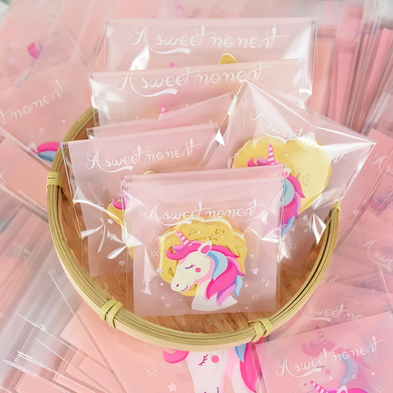 100pcs Pink Unicorn Candy Bag Clear Plastic Self Adhesive Bag For Biscuits Snack Baking Package Supplies Wedding Birthday Decor