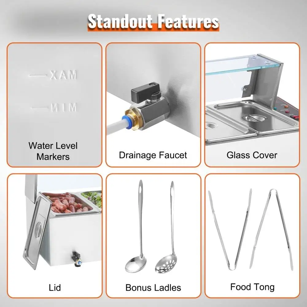 Bancada de buffet com aquecedor elétrico de 6 panelas com vidro com capacidade de 48 Qt para catering e eventos