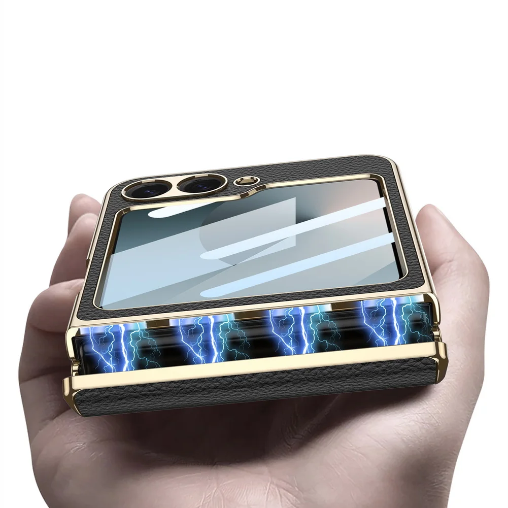 Etui z prostym skórzanym wykończeniem, ramką i uchwytem do Samsunga Z Galaxy Flip 7 FE 6 5 5G z szklaną folią ochronną. — zdjęcie produktu 3