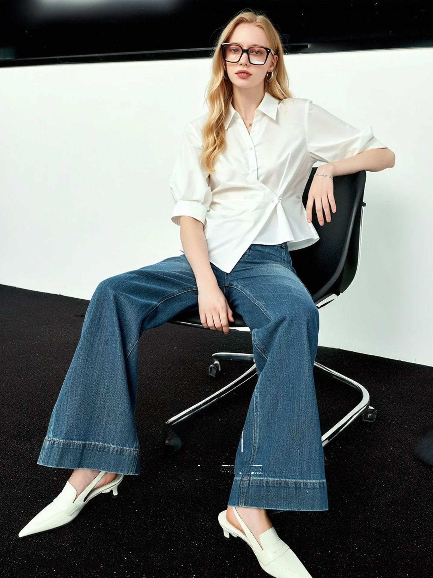 

HUAAPPUW Asymmetric Knot Waist-Cinching Five-Quarter Sleeve Shirt Commute Style White Collar Breathable Women's Shirt