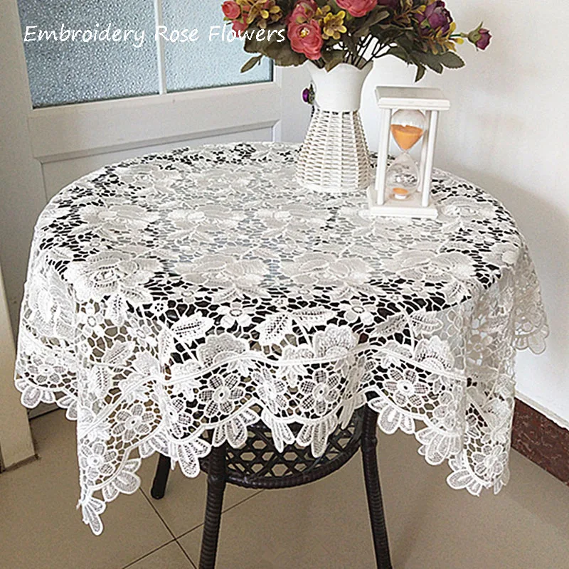 NEW white rose flowers Embroidery table cloth cover wedding tablecloth kitchen party Christmas Table decoration and accessories