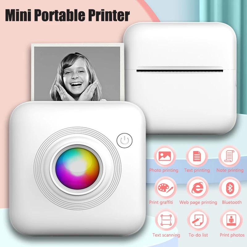 Printer termal portabel, Printer Mini lucu cetak foto saku termal Label cetak Bluetooth 200dpi Printer ponsel iOS Android