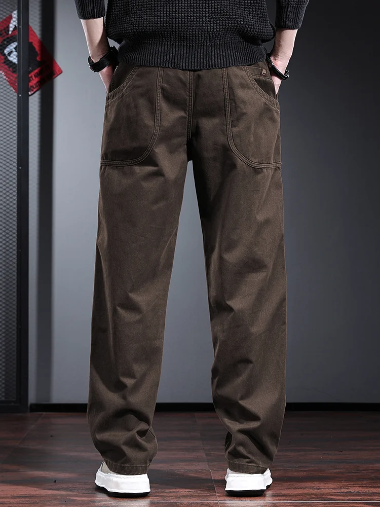 Autumn Baggy Straight Pants Men Casual Coffee Cotton Cargo Pants Korean Style Clothing Elastic Waist Loose Trousers
