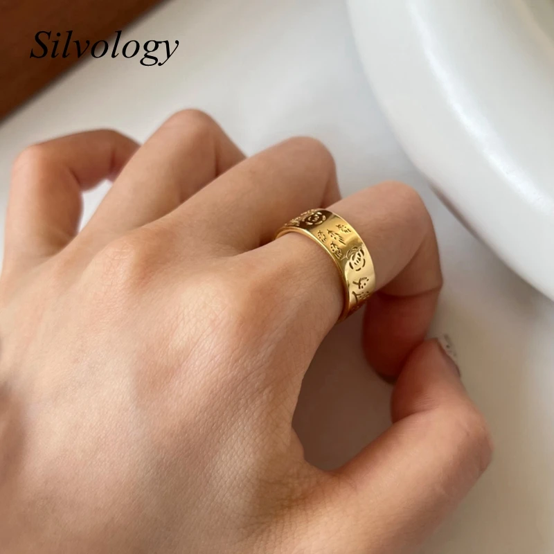 

Silvology Genuine 925 Sterling Silver 18K Gold Antique Flower Rings Original Design Texture Creative Rings Festival Fine Jewelry