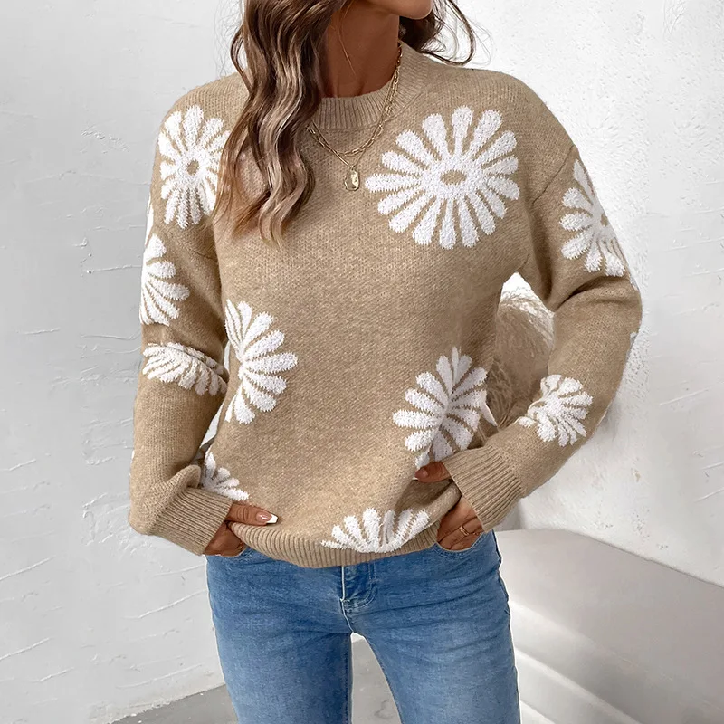 

2025 New Autumn Winter Casual Clothes Cross-border Long Sleeve Round Neck Floral Sweater for Women Loose Fit
