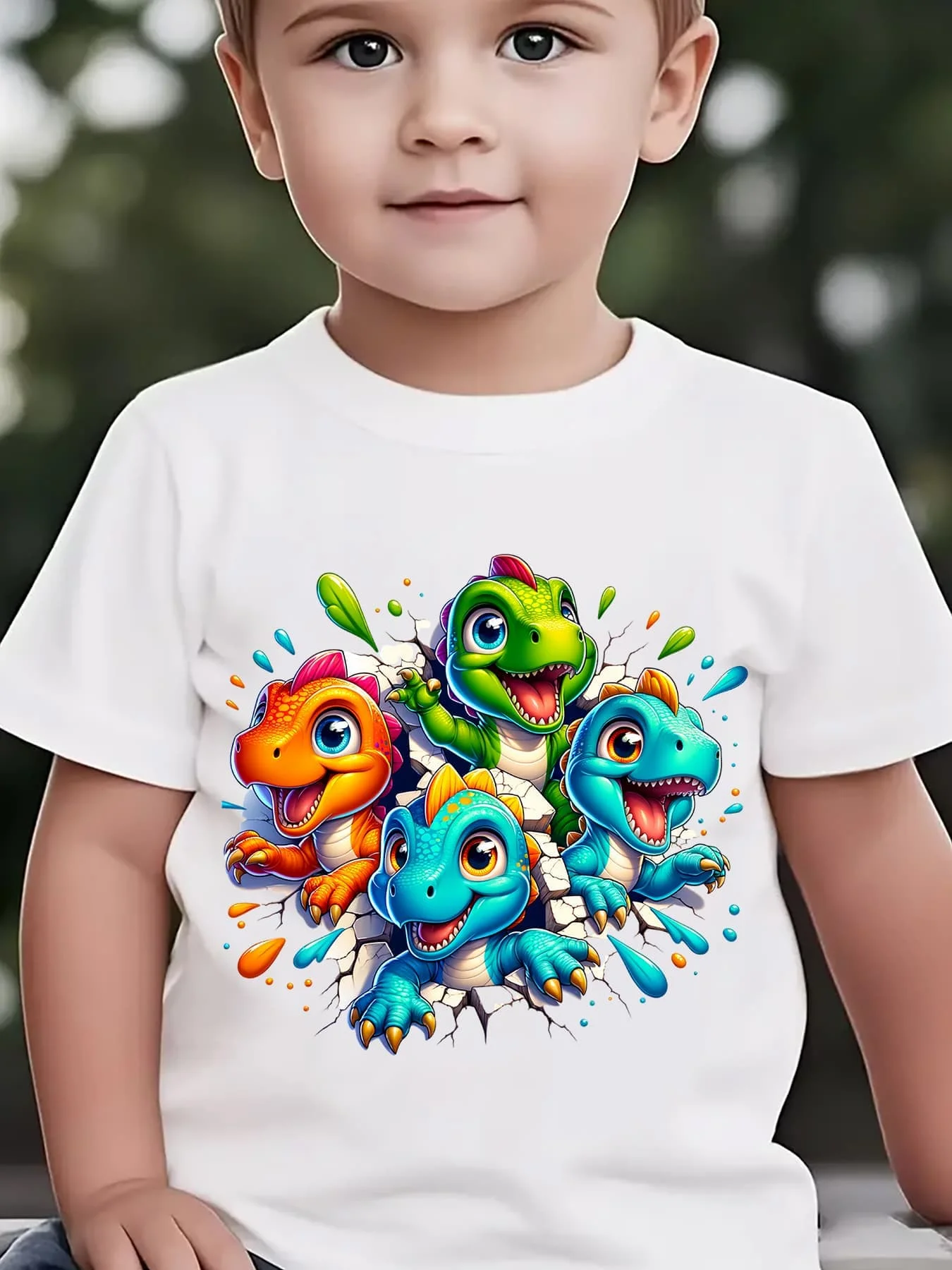 Four Lovely Cartoon Dinosaurs Crack Wall Vibrant Art Print Kids T Shirt Boys Girls Family Matching Summer Crew Neck Casual Tee