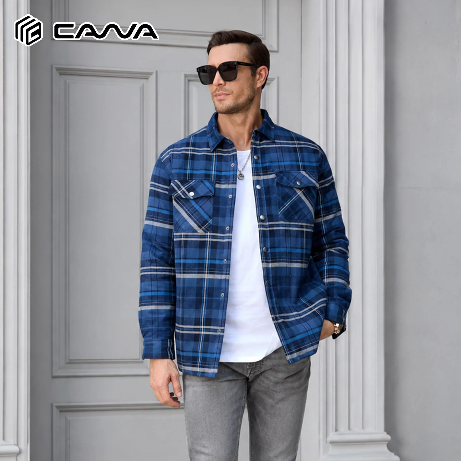 Men's Winter Flannel Shirt Jacket Quilted Lined Warm Plaid Button Down Long Sleeve Casual Coat with Chest Pockets