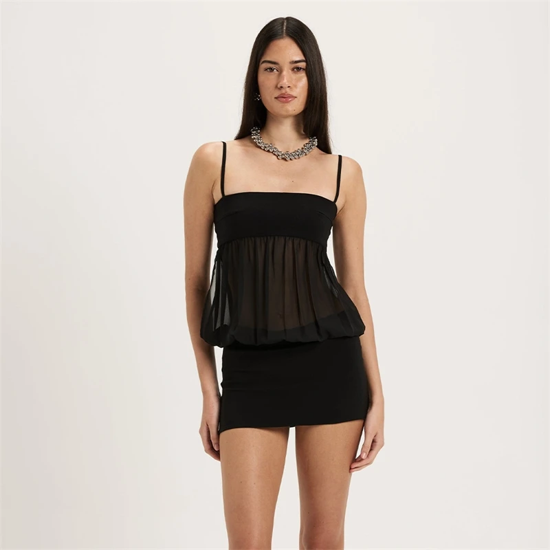Spaghetti Strap Backless Sexy Mini Dress For Women Elegant Chiffon Sheer Sleeveless High Waist Club Party Outfit For Night Out